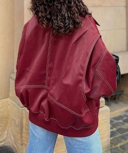 Oversize Bordo Deri Ceket